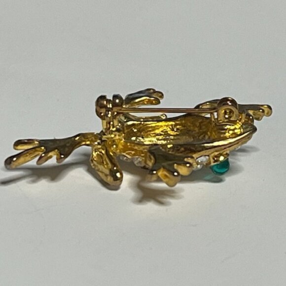 Clear Green Rhinestones Gold Tone Leaping Frog Brooch Pin 1.25" - Picture 9 of 14